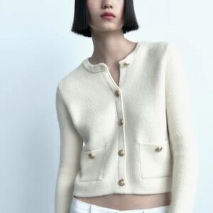Zara NWT Cream Knit Cardigan with Gold Buttons SIZE SMALL